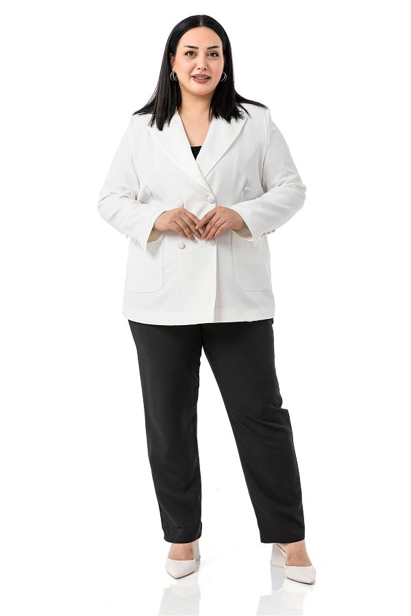DISENTIS MODEST-Plus Size Satin Collar and Button Detail Pocket Lined White Jacket 1