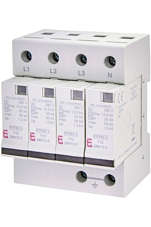 Eti-Descarcator supratensiuni SPD, Trifazat, 4P, T1+T2, 12.5kA, Uc=280V, AC, ETITEC V, 002442907, 1