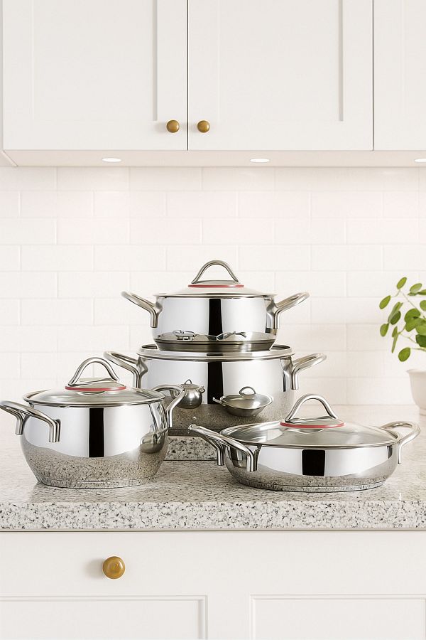 Gülümseten Avm-8 Piece Steel Cookware Set – with Lids, Induction Cooktop Compatible, 4 Different Sizes – 3, 2.2, 2.7, 4 Liters 1