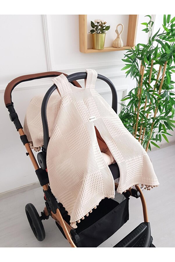 ib ilkimbebe Düz Renk Ponponlu Pikeli Fermuarlı Bebek Puset Örtüsü ve Minderi