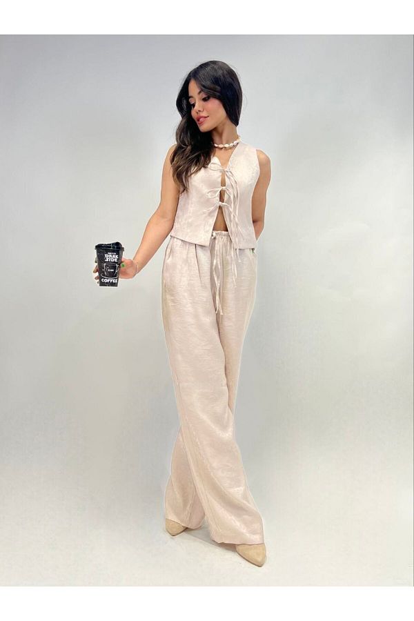 Stil Sepeti-Women's Beige Linen Lace Front Vest Elastic Waist Wide Leg Trousers Set Drl-1000203012 1