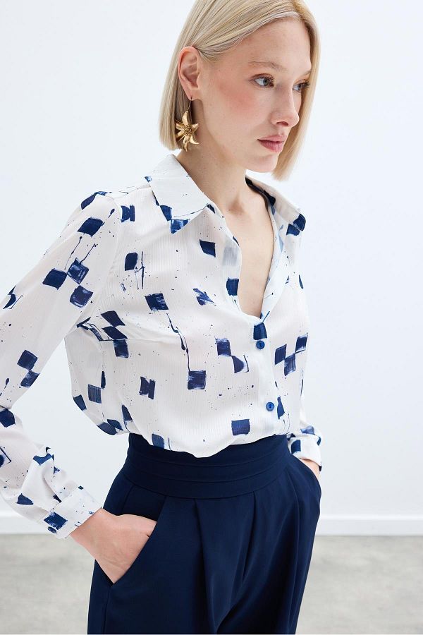 Sateen-Patterned Classic Shirt - Navy Blue 1