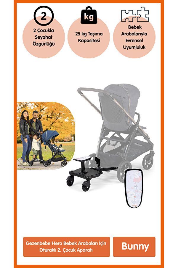 Gezenbebe Oturaklı İkinci Çocuk Aparatı–Portatif Dayanıklı Bebek Arabası Ek Aparatı |Bunny (Evrensel Uyumlu)