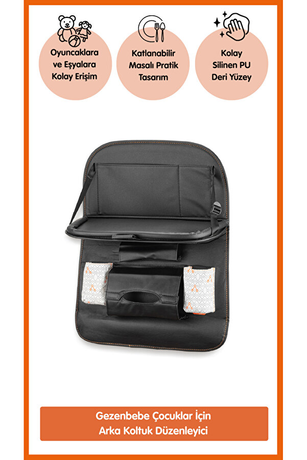 Gezenbebe Katlanabilir Masalı Arka Koltuk Düzenleyici – Silinebilir PU Deri Araç İçi Organizer
