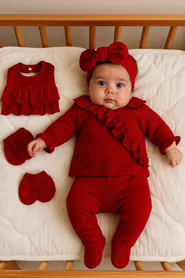 Cherub Baby Kruvaze Dantelli Yenidoğan Kız   Bebek 5 Parça Hastane Çıkışı Zıbın Seti