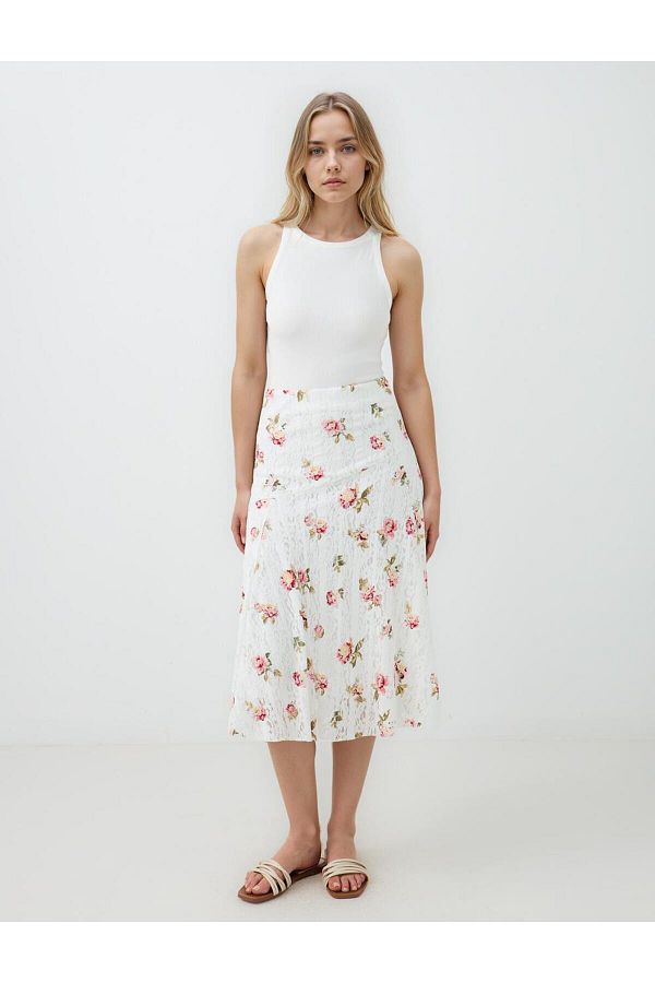 Jimmy Key-Ecru Floral Patterned Regular Waist Knitted Midi Skirt 1