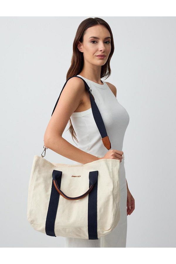 Jimmy Key-Ecru Canvas Hand and Shoulder Bag with Removable Strap Detail 1