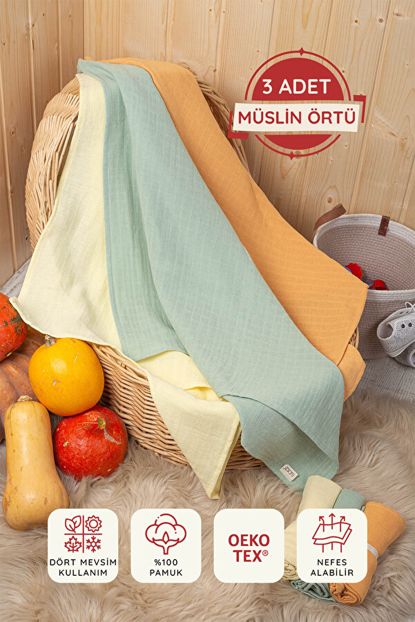 LUCKKA 3'lü Çok Amaçlı Müslin Bez, Örtü, Battaniye Seti Unisex Renkli %100 Pamuk - 75x75 Cm - Ztc100