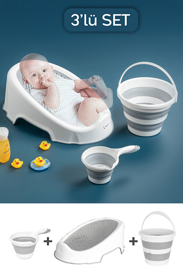 Meleni Baby 3'lü Soft Bebek Küveti Seti - Silikon Fileli Bebek Besleme, Yıkama Banyo Küveti, Su Kovası, Koçero