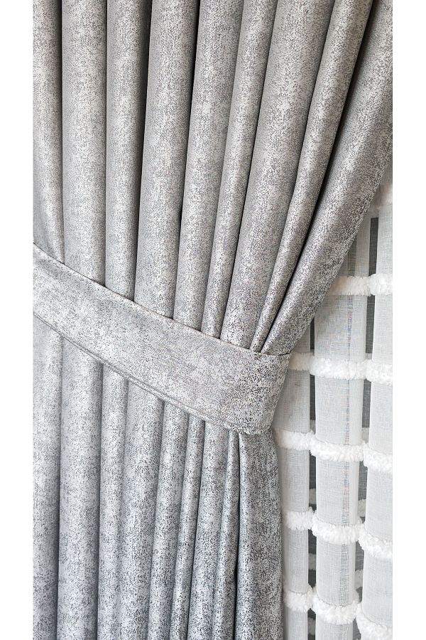 Yuka-Trojan Gray Double Wing Sparse Pleated Jacquard Satin Textured Background Curtain with Bright Pattern 90 X 270 1