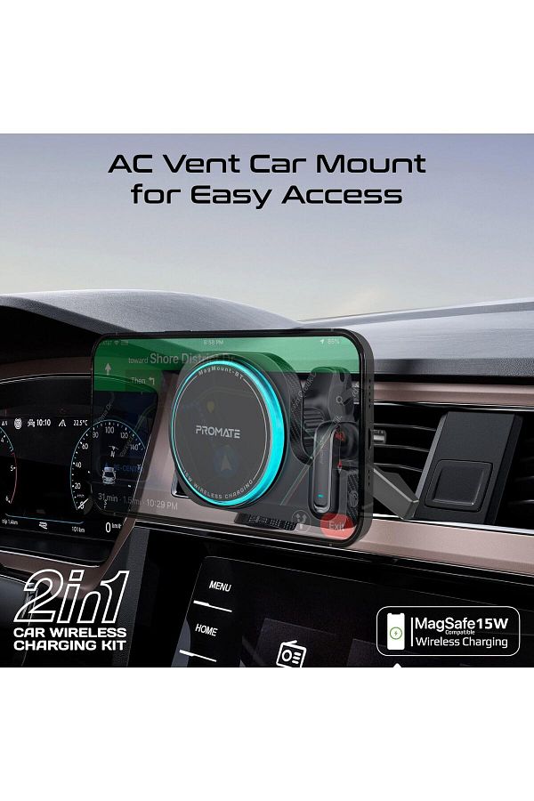 Promate-2-in-1 Car Holder and Charger with MagSafe Compatibility, 15W Power, Built-in Mono Bluetooth Earphon 1