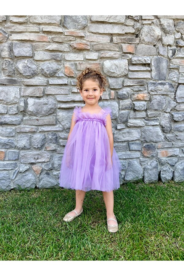 penu baby kids Lila Askılı Tül Jile Arkası Kelebek Kanatlı Kız Çocuk Kız Bebek Elbise