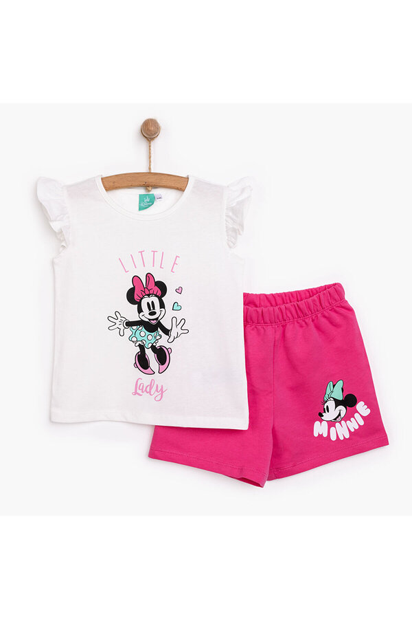 DİSNEY Kız Bebek Tişört-Şort 2li Takım Minnie Mouse Bisiklet Yaka Reçme Paça Atlet Kol Beyaz