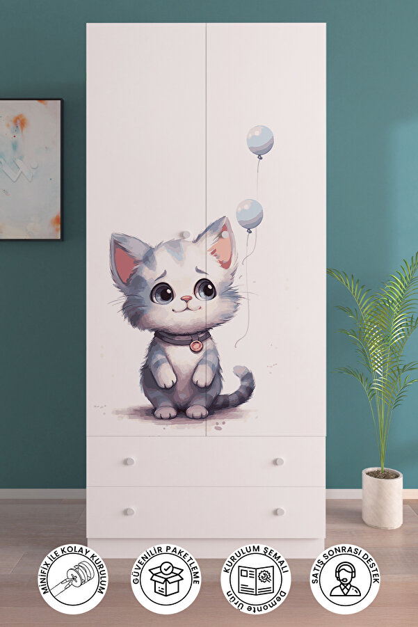 hediye kapında LONELY CAT Gardırop 5 Raflı 2 Çekmeceli 2 Kapaklı Askılı Elbise Dolabı-Beyaz