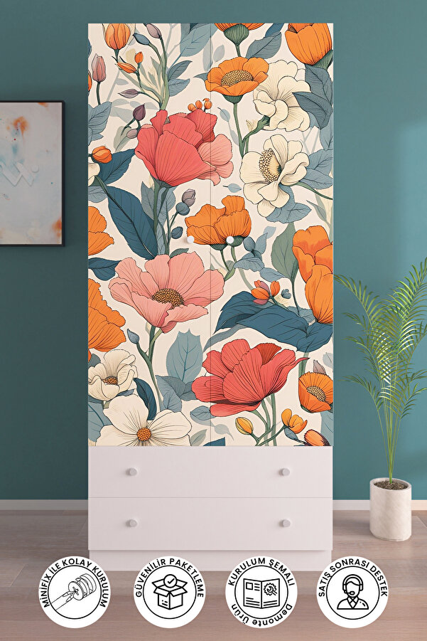 hediye kapında Flower Burst Gardırop 5 Raflı 2 Çekmeceli 2 Kapaklı Askılı Elbise Dolabı-Beyaz