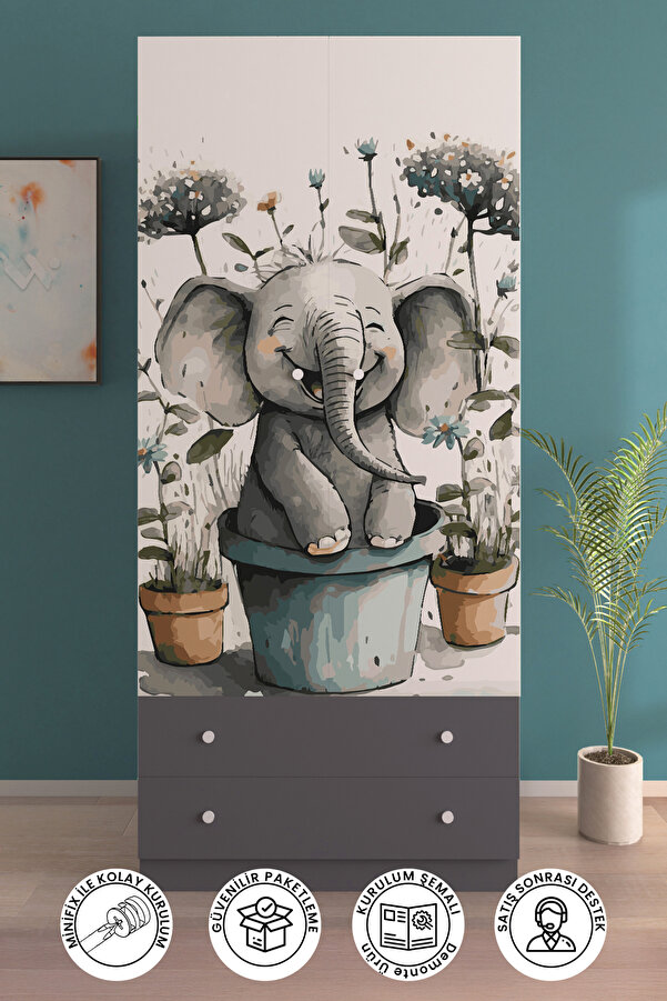 hediye kapında Elephant Pot Gardırop 5 Raflı 2 Çekmeceli 2 Kapaklı Askılı Elbise Dolabı-Antrasit