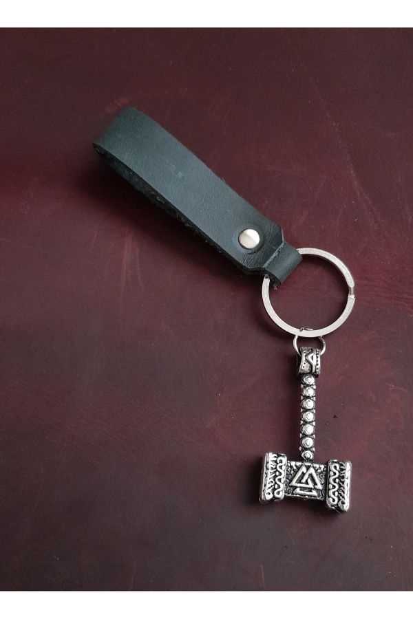 BSN Store-سلسلة مفاتيح على شكل مطرقة من THOR مصنوعة يدويًا من الجلد الحقيقي 1