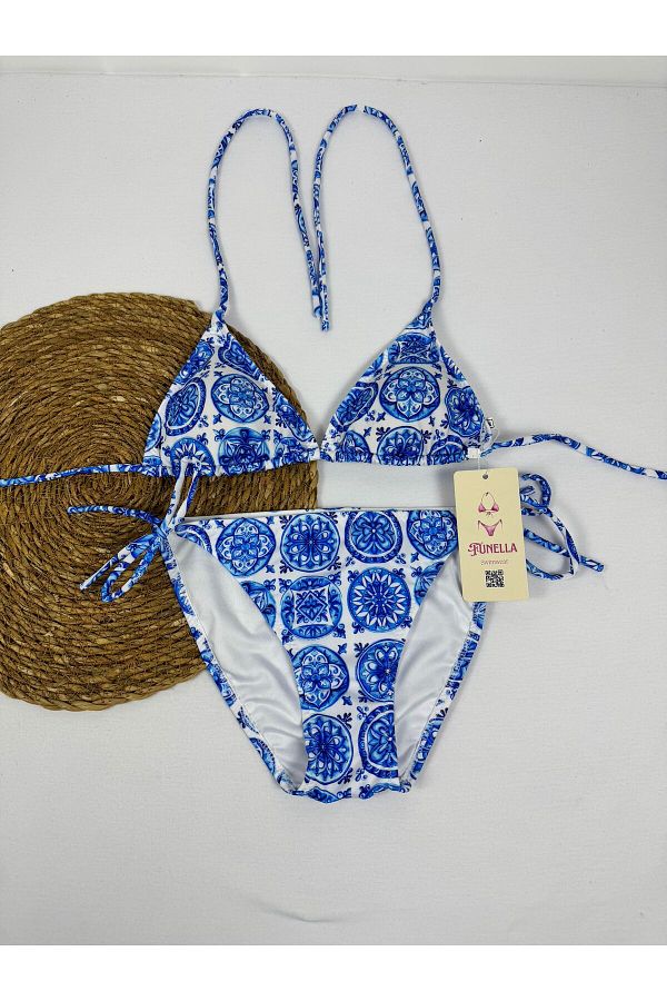 FUNELLA-Stylish Lycra Blue Patterned Double Triangle Bikini Set 1