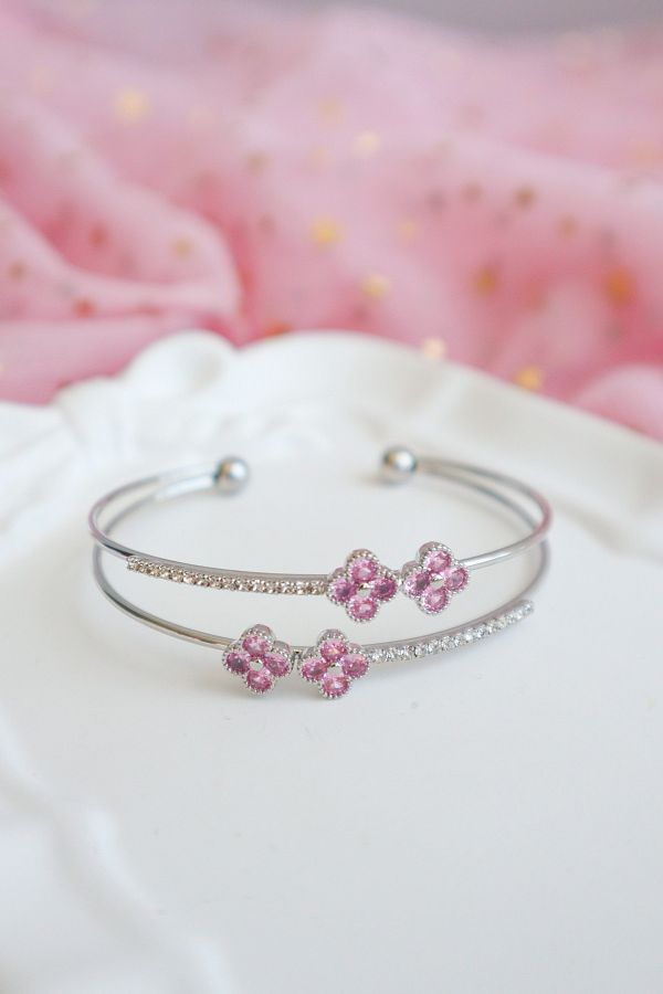 EFBUTİK-Silver Clover Stone Cuff Bracelet 1