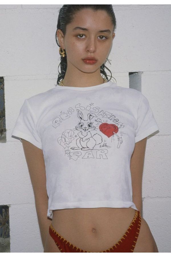 MAYDAY CULTURE-White Baby Tee Top Waist Boy Crop T-Shirt Lycra Dtf Printed 1