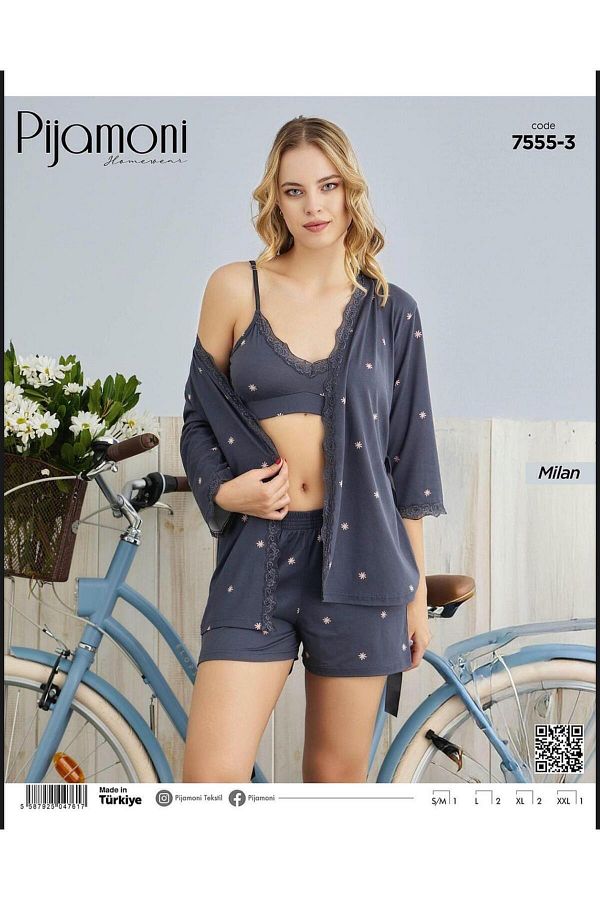Pijamoni-New Modal Fabric 3-Piece Pajama Set for Comfortable Use 1