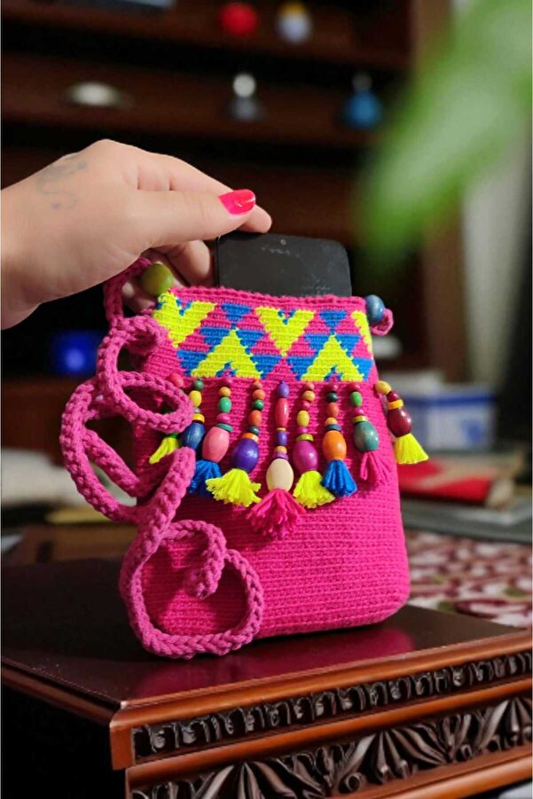 Urz Kids Pink Hand-Knitted Ethnic Pattern Mobile Phone Bag Mini