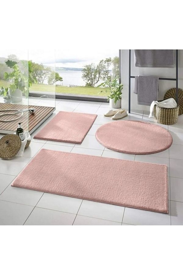 Valery Home-Washable Non-Slip Base Post Plush Bath Mat Set of Three Pink 1