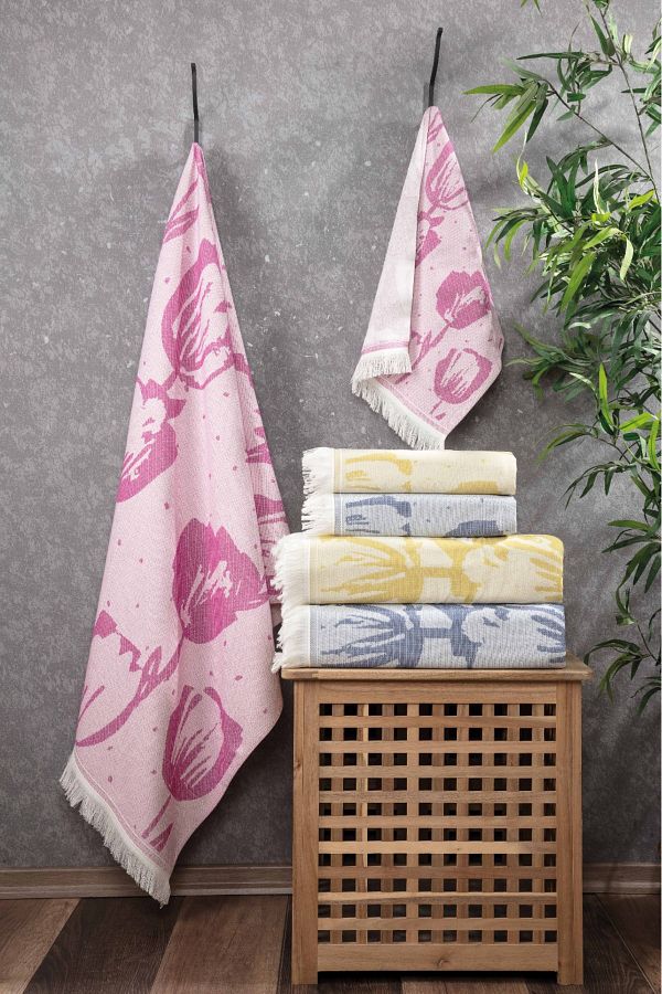 Sevim-100% Cotton Fringed Jacquard Tulip Patterned Peshtemal and Peskir Set-Fuchsia 1