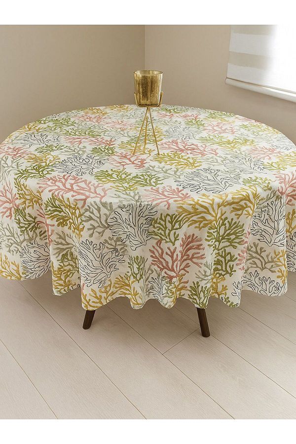 Zeren Home-Liquid Proof Linen Fabric Worry-Free Round Table Cloth Coral Pattern 1