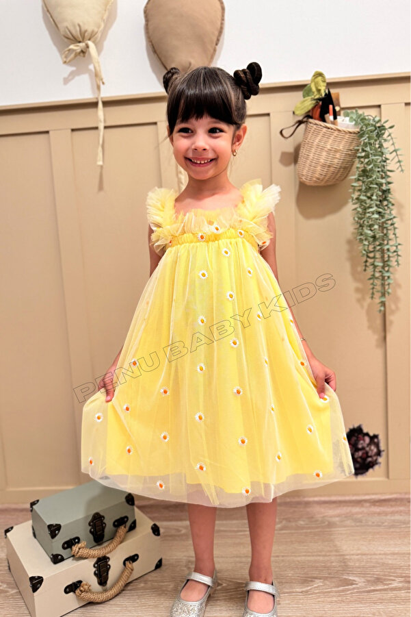 penu baby kids Sarı Nakış Papatya Işlemeli Askılı Kız Bebek & Kız Çocuk Elbise - Margarita