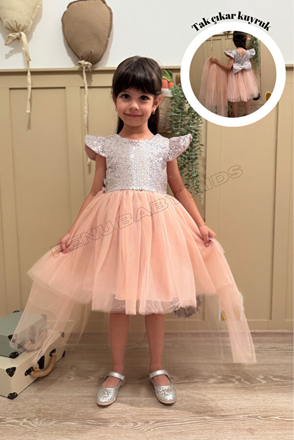 penu baby kids Pudra Payetli Kısa Kol Tül Etekli Kız Bebek Elbise