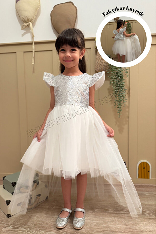 penu baby kids Beyaz Payetli Kısa Kol Tül Etekli Kız Bebek Elbise - Elizabeth