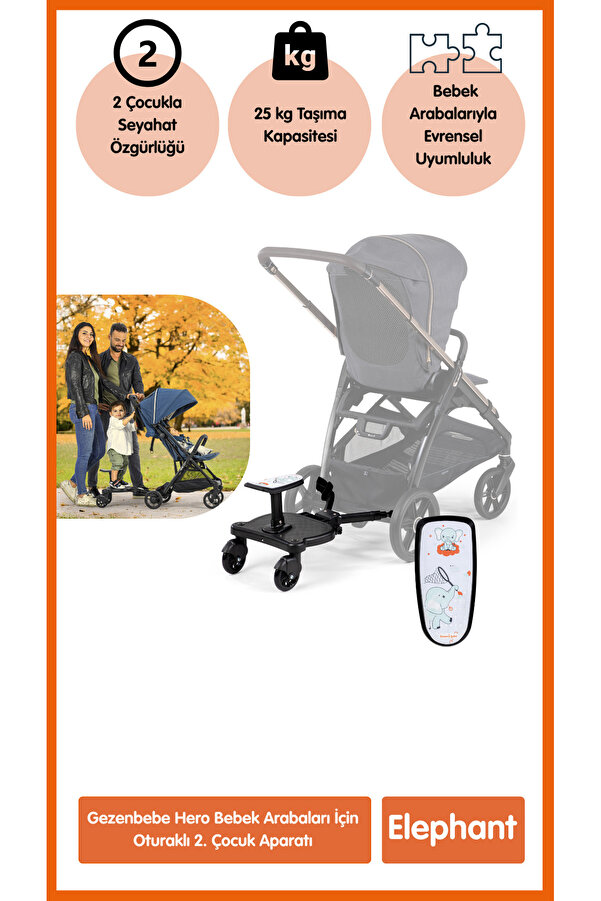 Gezenbebe Oturaklı İkinci Çocuk Aparatı–Portatif Dayanıklı Bebek Arabası Ek Aparatı|Elephant Evrensel Uyumlu)