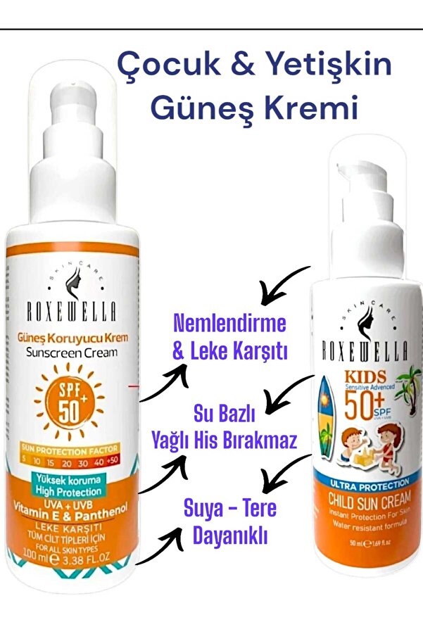 ROXEWELLA Yüksek Koruma Güneş Kremi 100 ml & Çocuk&bebek Güneş Kremi 50 ml Leke Karşıtı 50spf