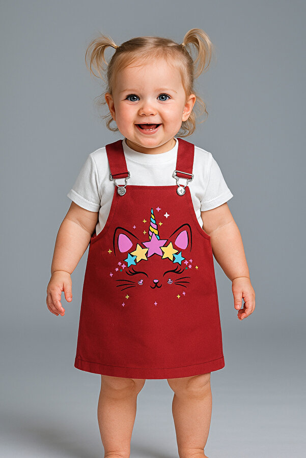 minikiss Kedicik Baskılı Gabardin Kumaş Ayarlı Askılı Kız Çocuk Jile Elbise