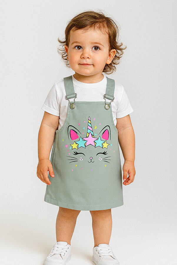 minikiss kedicik   baskılı gabardin kumaş ayarlı askılı kız çocuk jile