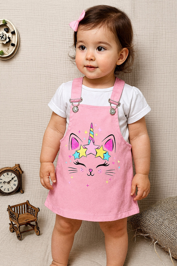 minikiss Kedicik Baskılı Gabardin Kumaş Ayarlı Askılı Kız Çocuk Jile Elbise