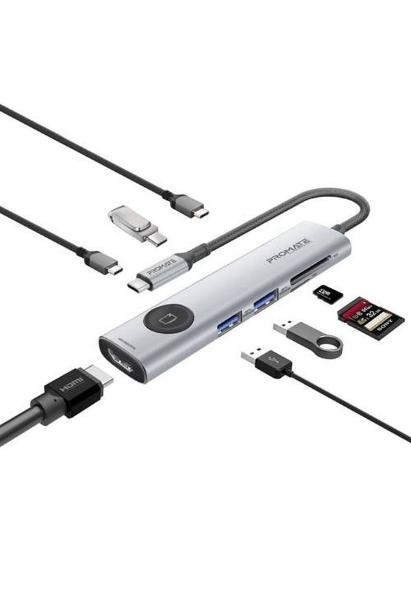 Promate-"موزع USB-C متعدد المنافذ 9 في 1 مع زر خصوصية HDMI، منافذ USB-C وUSB-A بسرعة 5Gbps، منفذ HDMI 1