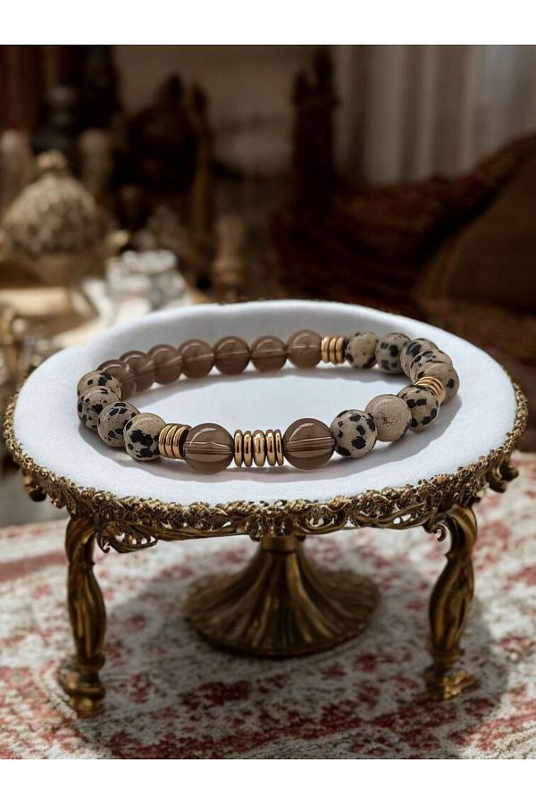 ms denis-"Nature's Magic: Unique Bracelet Designed with Dalmatian Jasper, Smoky Quartz and Gold Hematite" 1