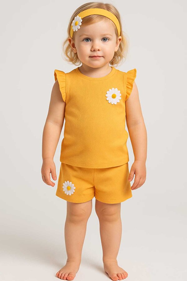 ESES BEBE Sarı Kız Bebek Ribana Takım – Papatya Detaylı Şortlu Yazlık İkili Set (0-7 Yaş)