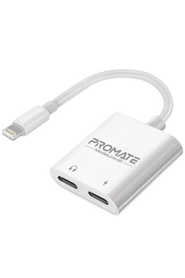 Promate-2-in-1 Dual Port Lightning Adapter, 10W Charging with 48kHz Audio Output 1