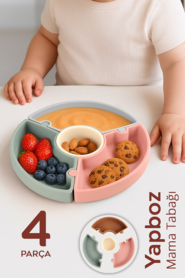 Meleni Baby Vakumlu Silikon Puzzle Mama Tabağı - Vakum Tabanlı 4 Bölmeli Bebek Yapboz Mama Tabağı
