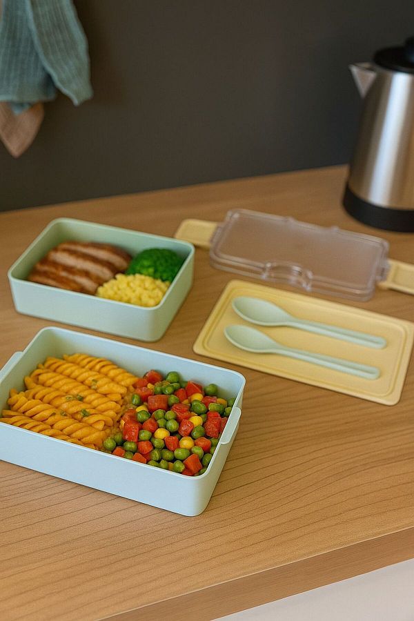 Bayev-Layers Green 2 Tier Storage Container with Fork and Spoon Lunch Box - Lunch Box with Nutrition Compartments 1