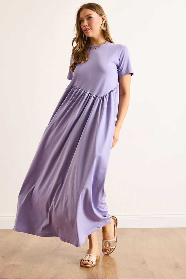 Olalook Women's Lilac Asymmetrical Stitching Front Long Bell Cotton Dress Elb-19002446