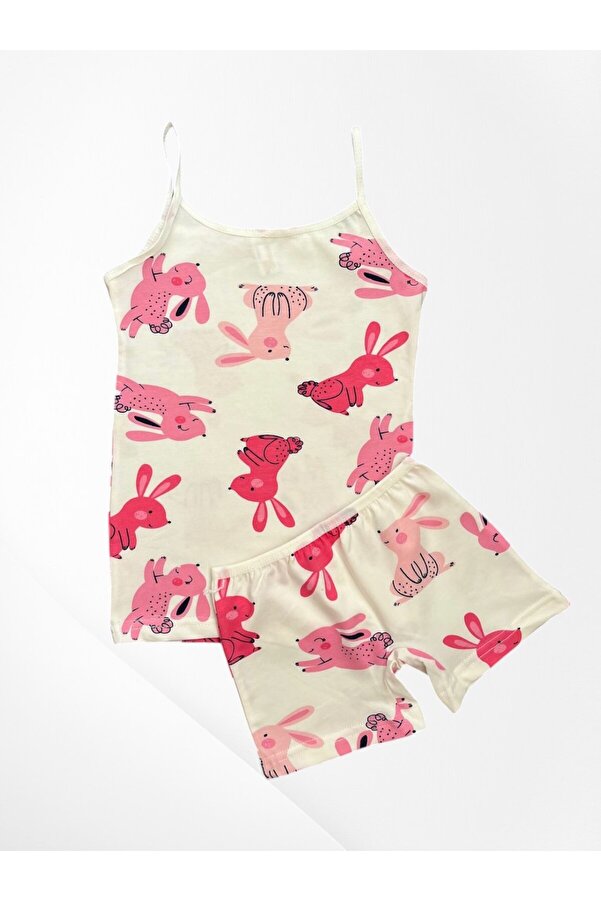 Genel Markalar Kız Çocuk %100 Pamuklu Kumaş Ekru Tavşan Desenli İnce Askılı Atlet Boxer Takımı