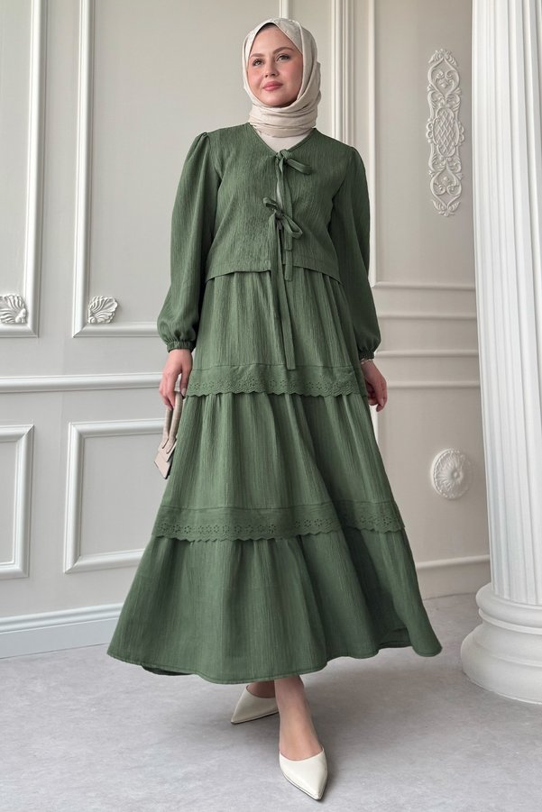 InStyle Crepe Mint Green Suit with Ribbon Lace Detail Skirt