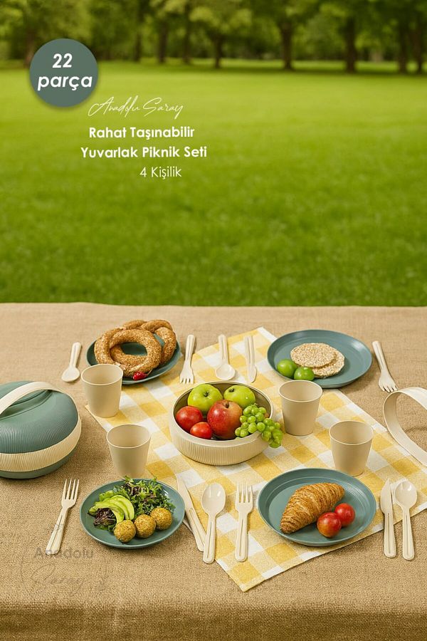 Anadolu Saray-22 Piece Green 4-Person Multi-Purpose Portable Comfortable Portable Round Picnic Set 1