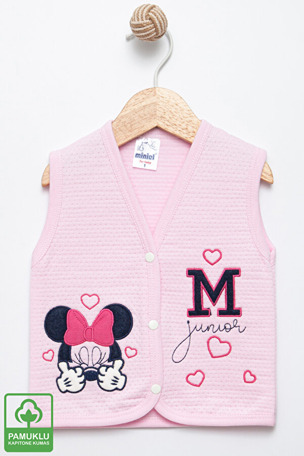 Miniel Kız Bebek Fare Nakışlı Organik Pamuklu 6-18 Ay Kapitone Bebek Yelek