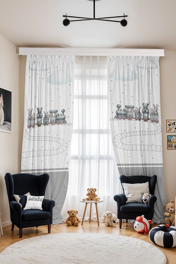 EVPANYA-Traveling Train Patterned Children's Baby Room Background Curtain (Single Wing Pricing) 1