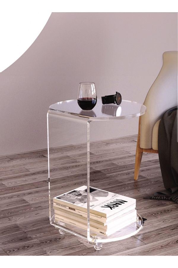 SMARTPOINTS-C-Shaped Round Acrylic Side Sofa Table on Wheels, Clear Rolling Decoration Table for Liv 1
